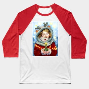 Young Girl Holding a Magical Christmas Tree Print Baseball T-Shirt